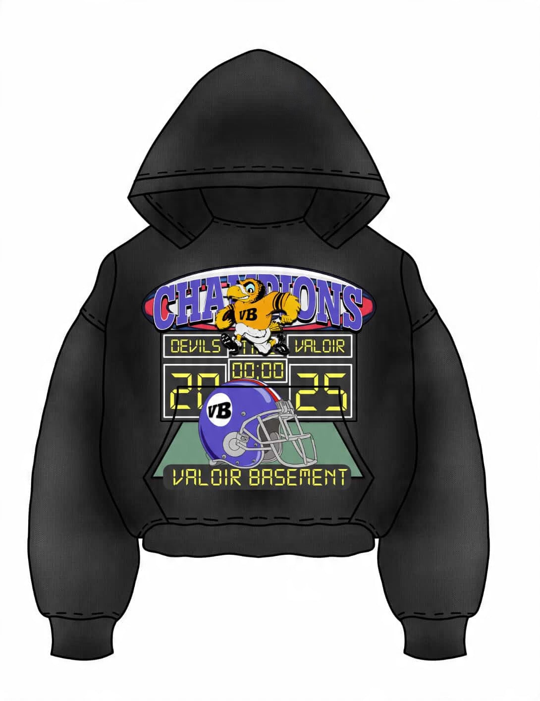 Black Valoir Basement Champion Edition Hoodie with football-inspired graphic